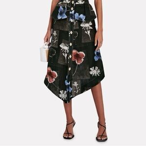 GANNI ASYMMETRIC FLORAL LINEN MIDI SKIRT
